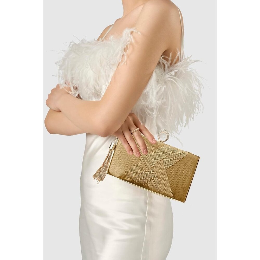 ⚡ Women's Gold Tassel Pendant Rhinestones Cross Strap Formal Party Clutch Bag